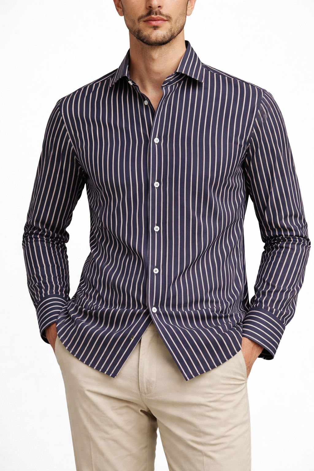 "Camicia uomo a righe beige - vista frontale completa - indossata da modello