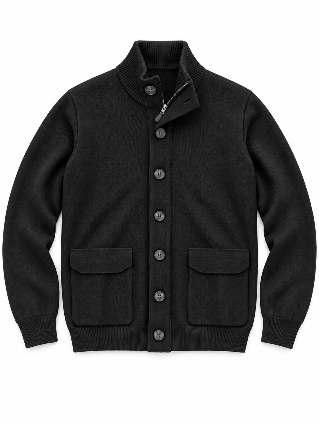 Cardigan uomo Moro 500 nero, vista frontale con zip e bottoni, tasche applicate e collo, polsini e fondo a costine.
