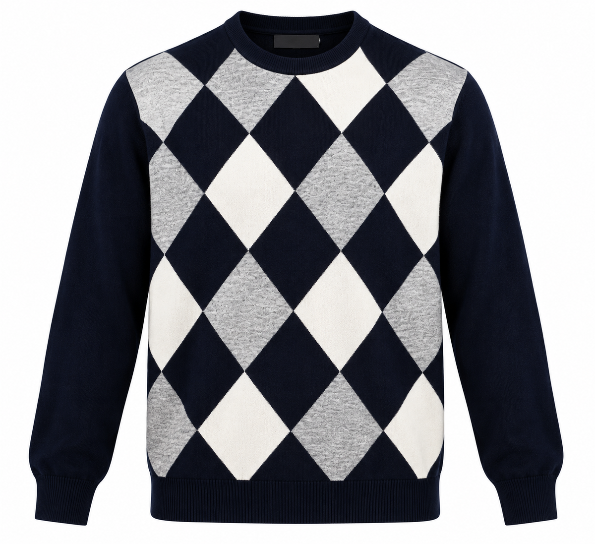 Maglione uomo Moro blu scuro, vista frontale su fondo bianco, con rombi panna e grigi e bordi a costine.
