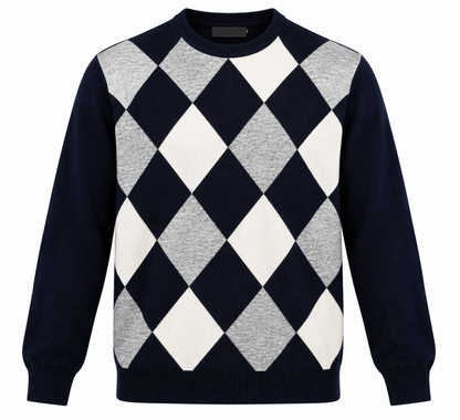 Maglione uomo Moro blu scuro, vista frontale su fondo bianco, con rombi panna e grigi e bordi a costine.
