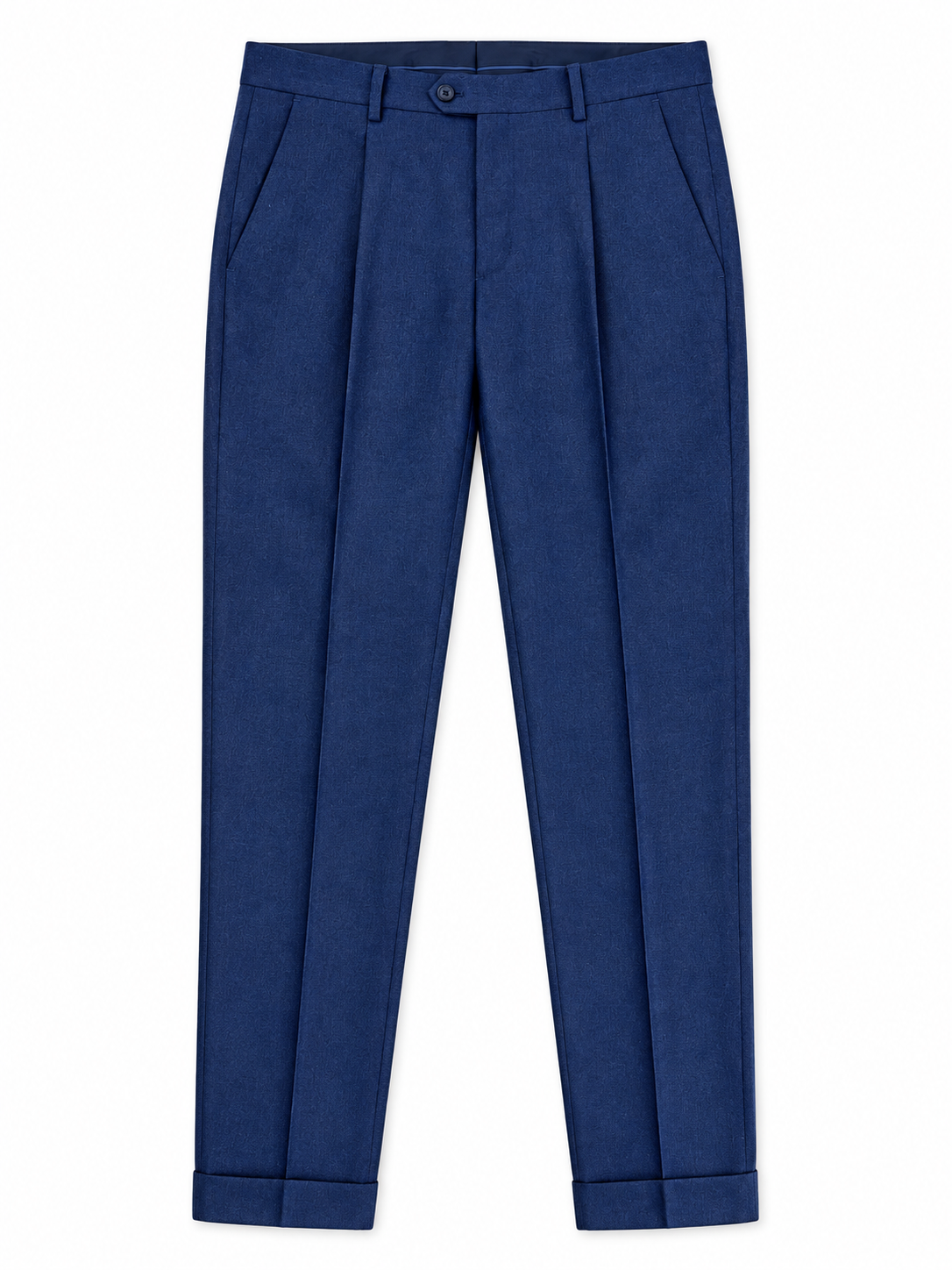 Pantalone uomo sartoriale 748 Moro blu, vista frontale del capo steso con pinces e risvolto