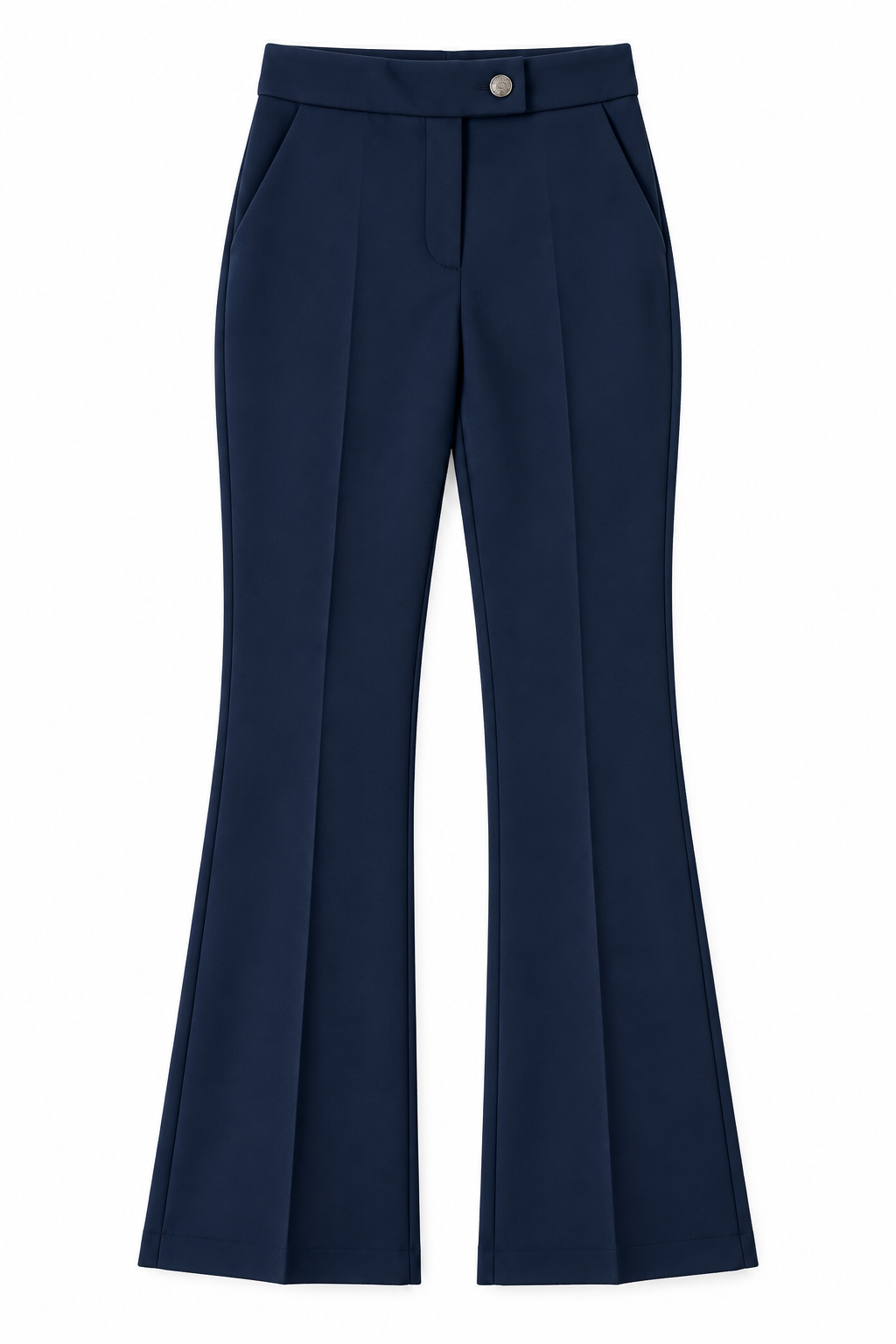 Pantalone donna a zampa 2958 blu scuro steso su fondo bianco, vista frontale con bottone e tasche laterali.