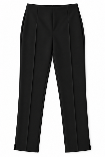 Dettaglio del pantalone non indossato del tailleur donna gadì 578 nero Erica Bellucci, composizione 98% poliestere 2% elastene