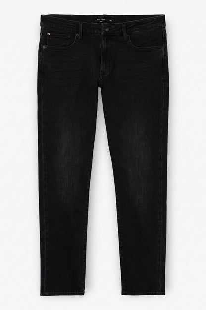 Jeans uomo neri Tiffosi Dylan_121 stesi su sfondo bianco, vista frontale con cinque tasche, chiusura con bottone e cerniera.