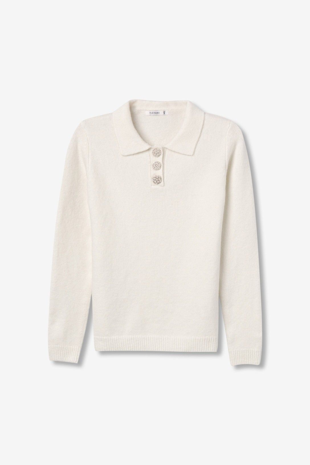 Maglia donna Marilyn panna stesa su sfondo bianco, con colletto polo, bottoni gioiello e maniche lunghe.