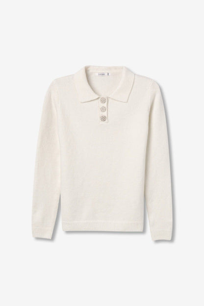 Maglia donna Marilyn panna stesa su sfondo bianco, con colletto polo, bottoni gioiello e maniche lunghe.