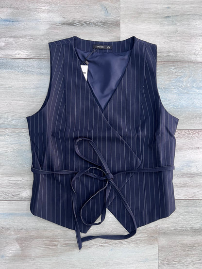 Gilet completo donna Pepper Tiffosi blu gessato a portafoglio, senza maniche, con laccetto in vita e fodera interna.