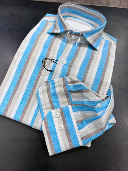 Camicia Lino & Cotone Riga Turchese