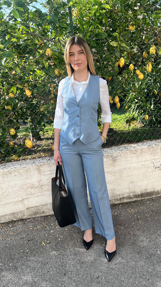 "Cord Set Street in denim alta qualità Made in Italy, composto da gilet e pantalone, vista frontale"