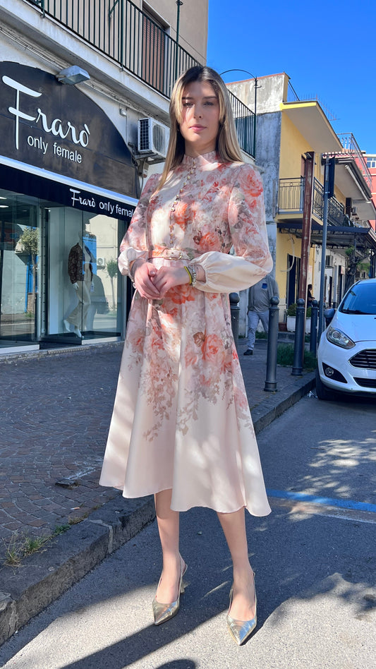 "Abito Flo - Elegante abito donna midi con stampa floreale, collo coreano e cintura in vita - Frarò"