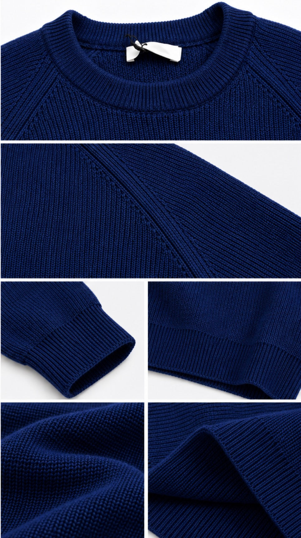 Dettagli del maglione uomo blu: girocollo, lavorazione della maglia, maniche raglan, polsini e fondo a costine.
