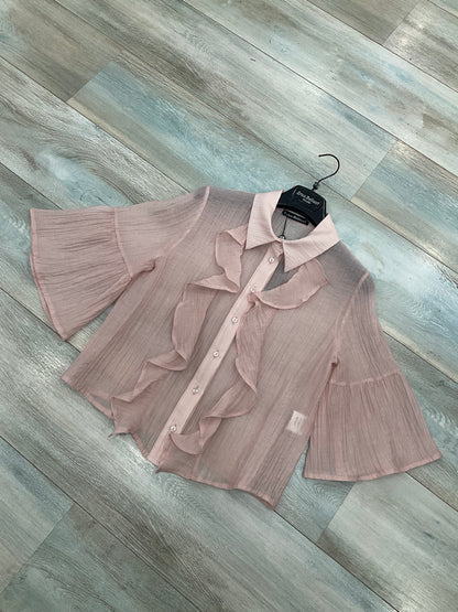 Dettaglio collo con rouge e chiusura a bottoni – Camicia Donna 103 rosa Erica Bellucci Made in Italy