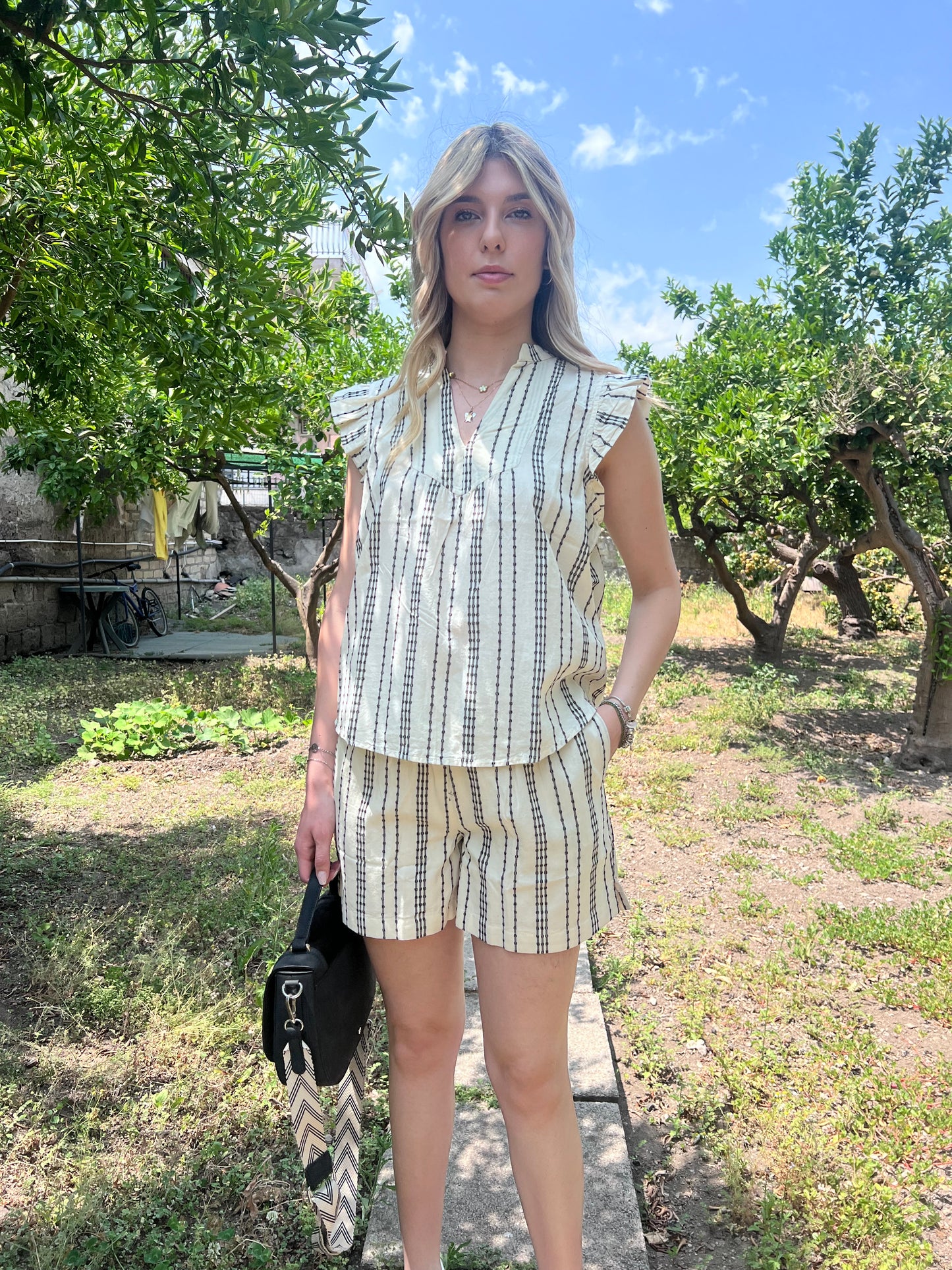 "Dettaglio tessuto cotone JOSINE cord set qualità fresco traspirante"