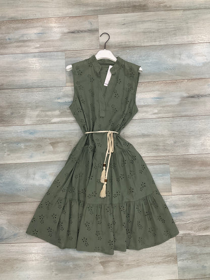 Abito Charlotte Donna in cotone effetto pizzo colore verde salvia -
vista frontale - Frarò