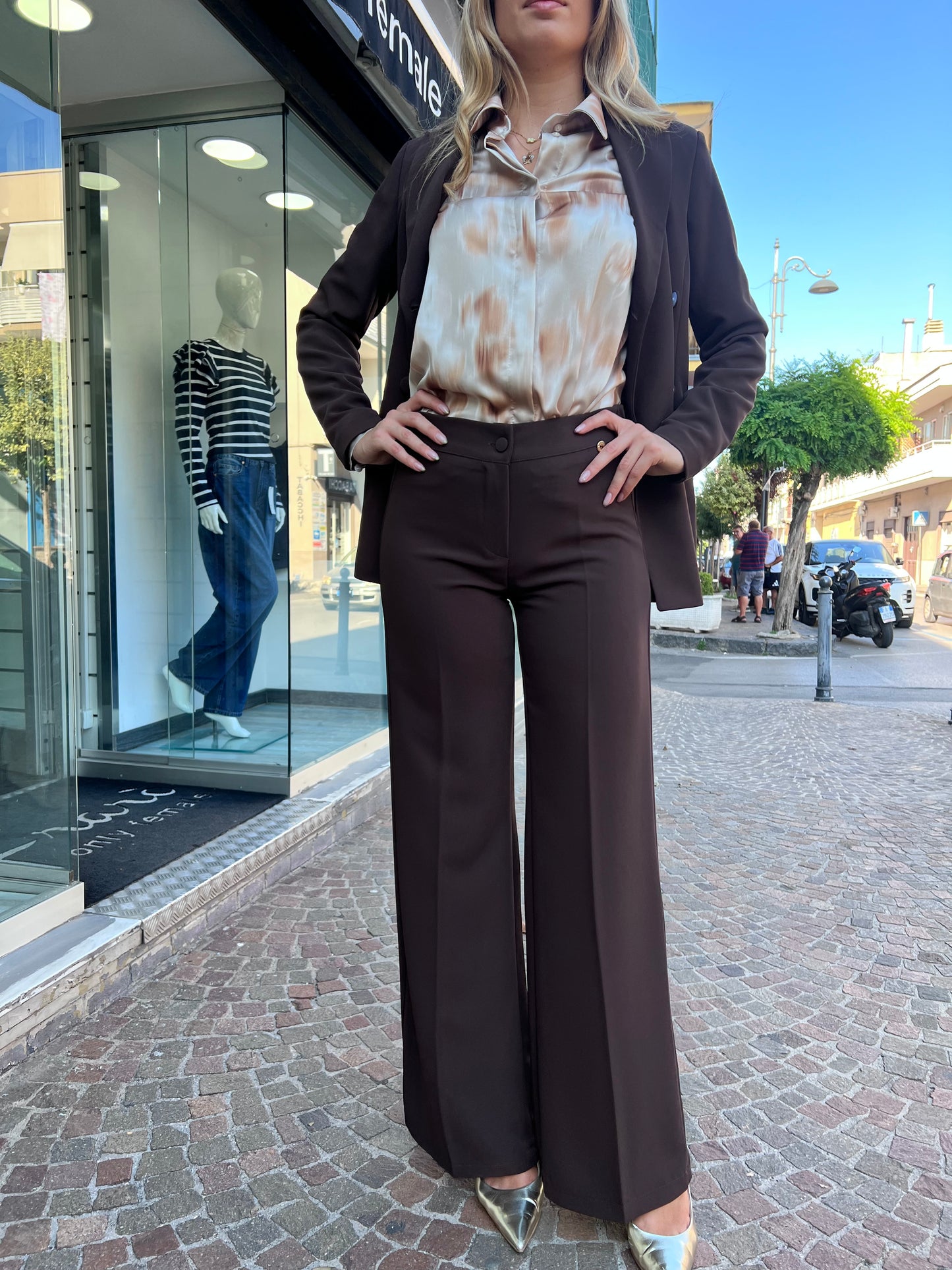 Pantalone vita alta tailleur donna - gamba larga e vestibilità elegante