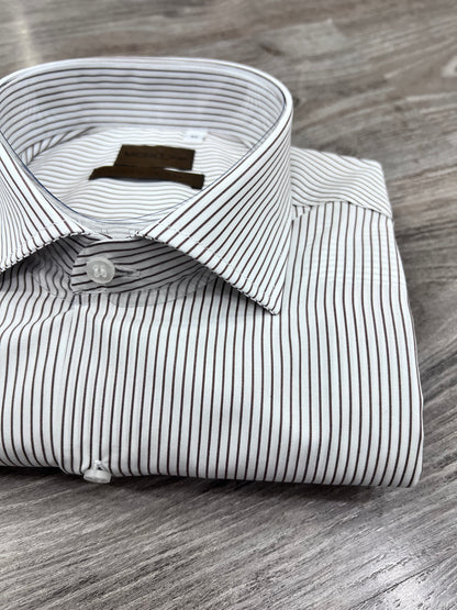 "Camicia elegante uomo rigata marrone - vestibilità classica manica lunga"
