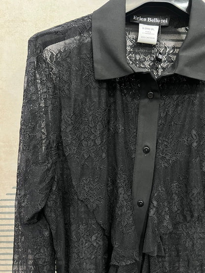 Camicia pizzo nero manica lunga collo francese - dettaglio collo