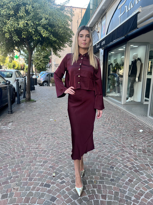 Coordinato donna bordeaux Kansas Tiffosi - dettaglio tessuto raso effetto seta e finiture