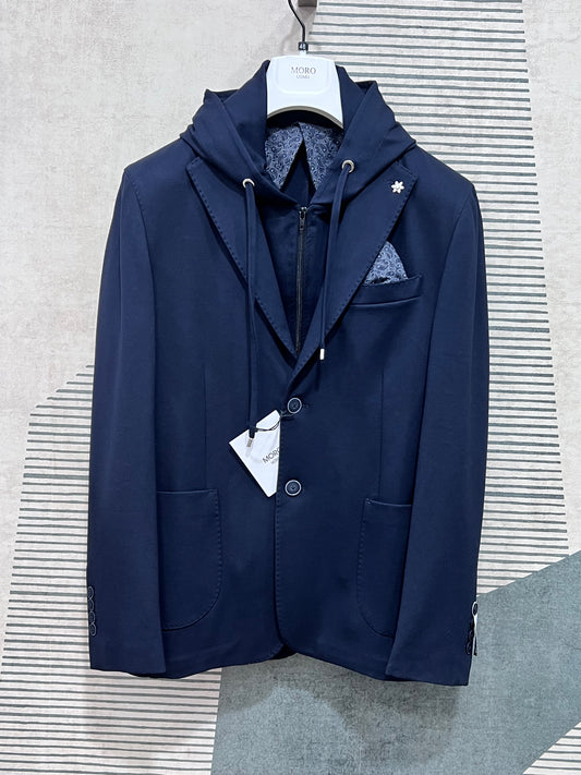 Giacca uomo punto milano blu con cappuccio removibile - vista frontale