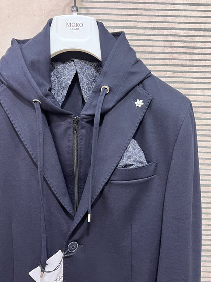 Giacca uomo punto milano blu - dettaglio collo e cappuccio