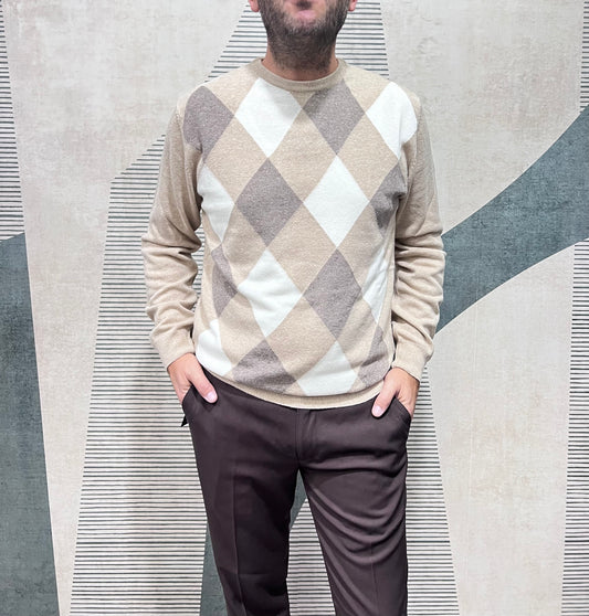 Maglione uomo girocollo a scacchi lana cachemire - vista frontale completa