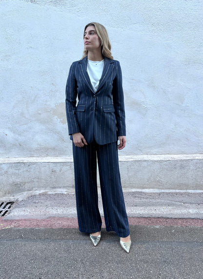 Tailleur donna elegante blu gessato con brillantini - vista frontale completa