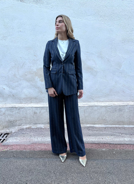 Tailleur donna elegante blu gessato con brillantini - vista frontale completa