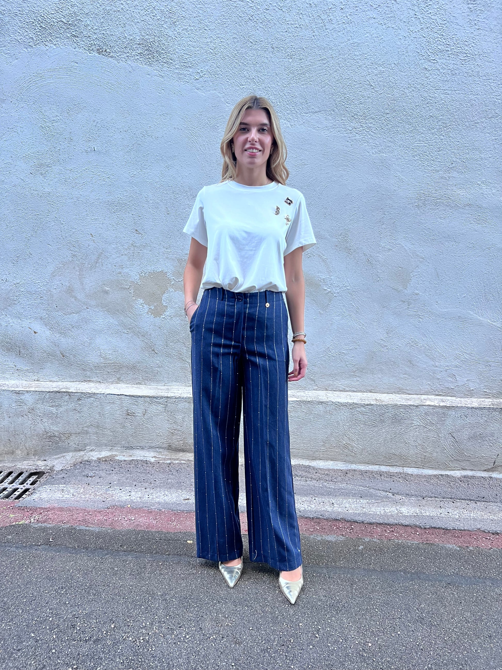 Pantalone palazzo donna blu gessato - vista frontale