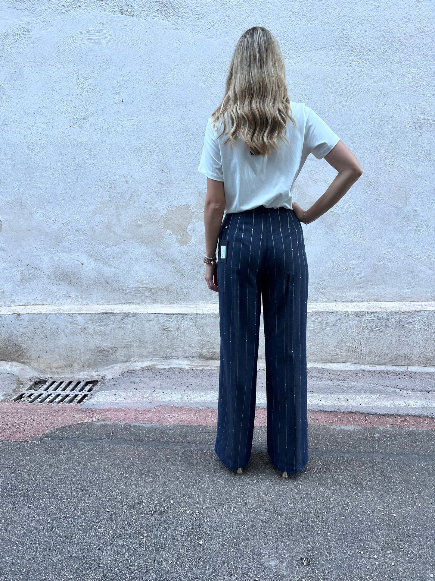 Pantalone palazzo donna blu gessato - vista posteriore