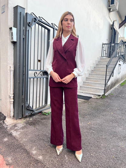 Tailleur 537 Bordeaux gilet doppio petto e pantalone palazzo velluto lurex - vista frontale completa