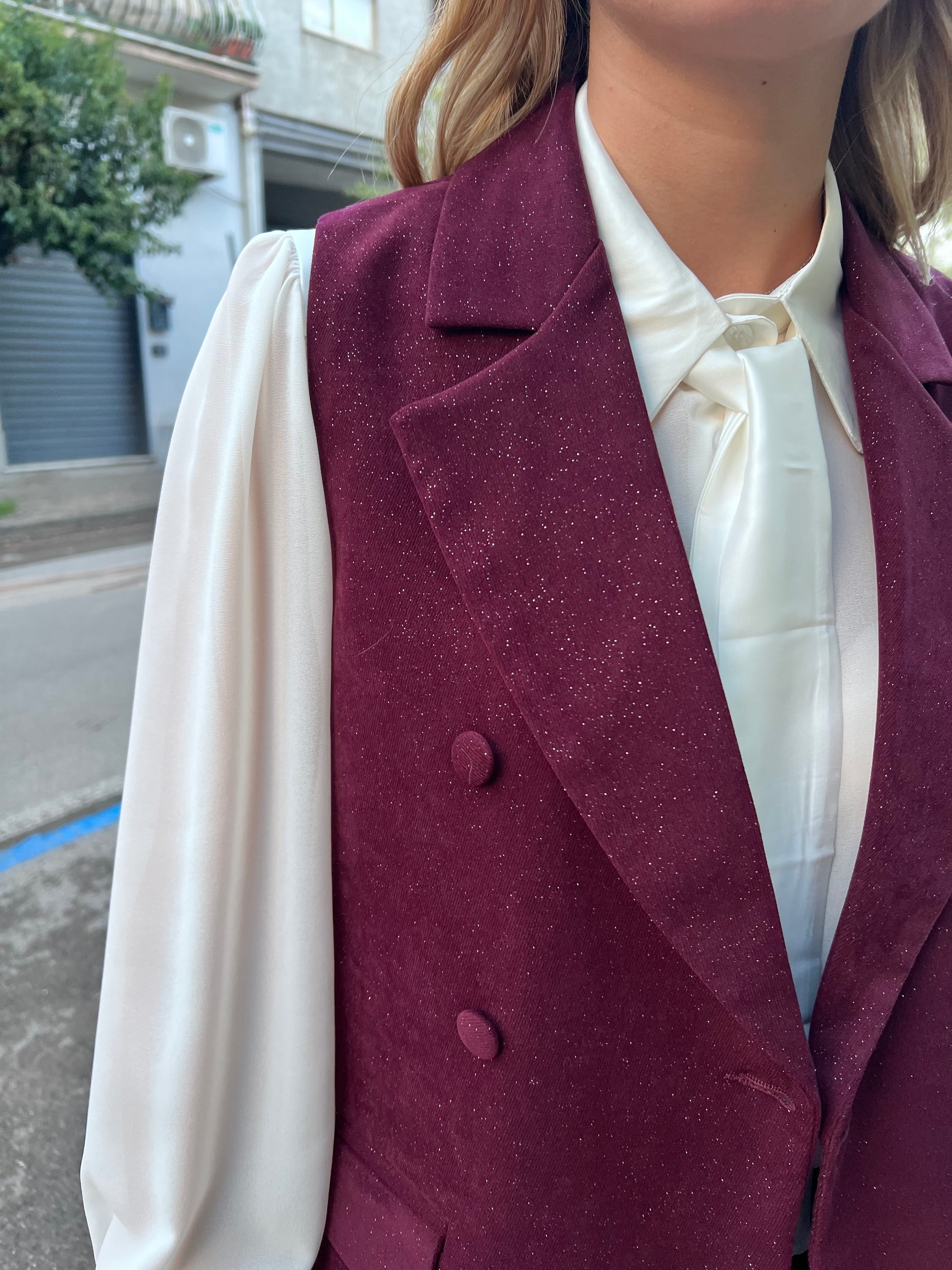 Tailleur 537 Bordeaux dettaglio tessuto effetto velluto con luccichio lurex - made in Italy