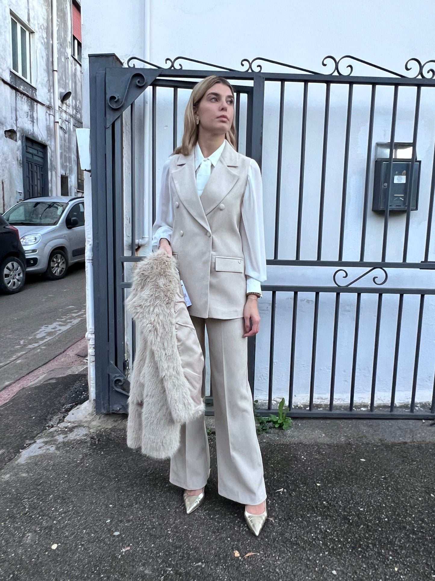 Tailleur 537 gilet doppio petto e pantalone palazzo velluto lurex - vista frontale completa