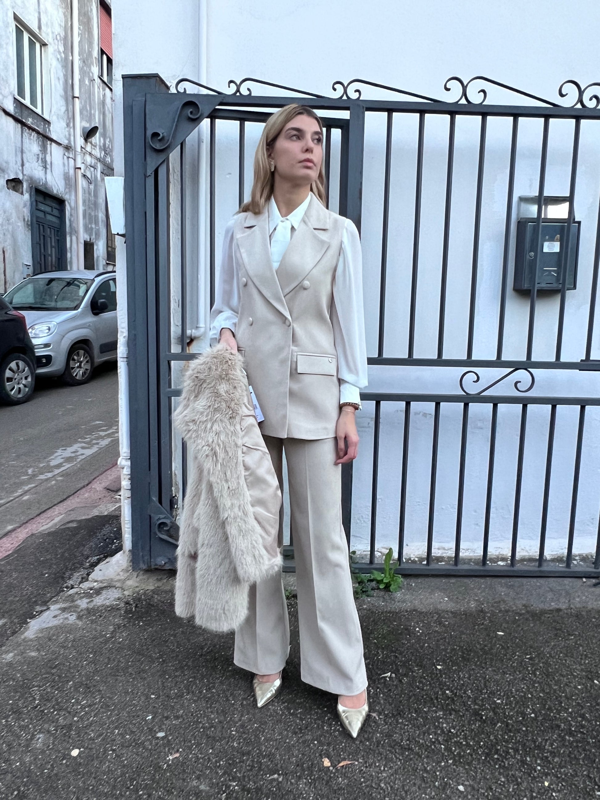 Tailleur 537 gilet doppio petto e pantalone palazzo velluto lurex - vista frontale completa