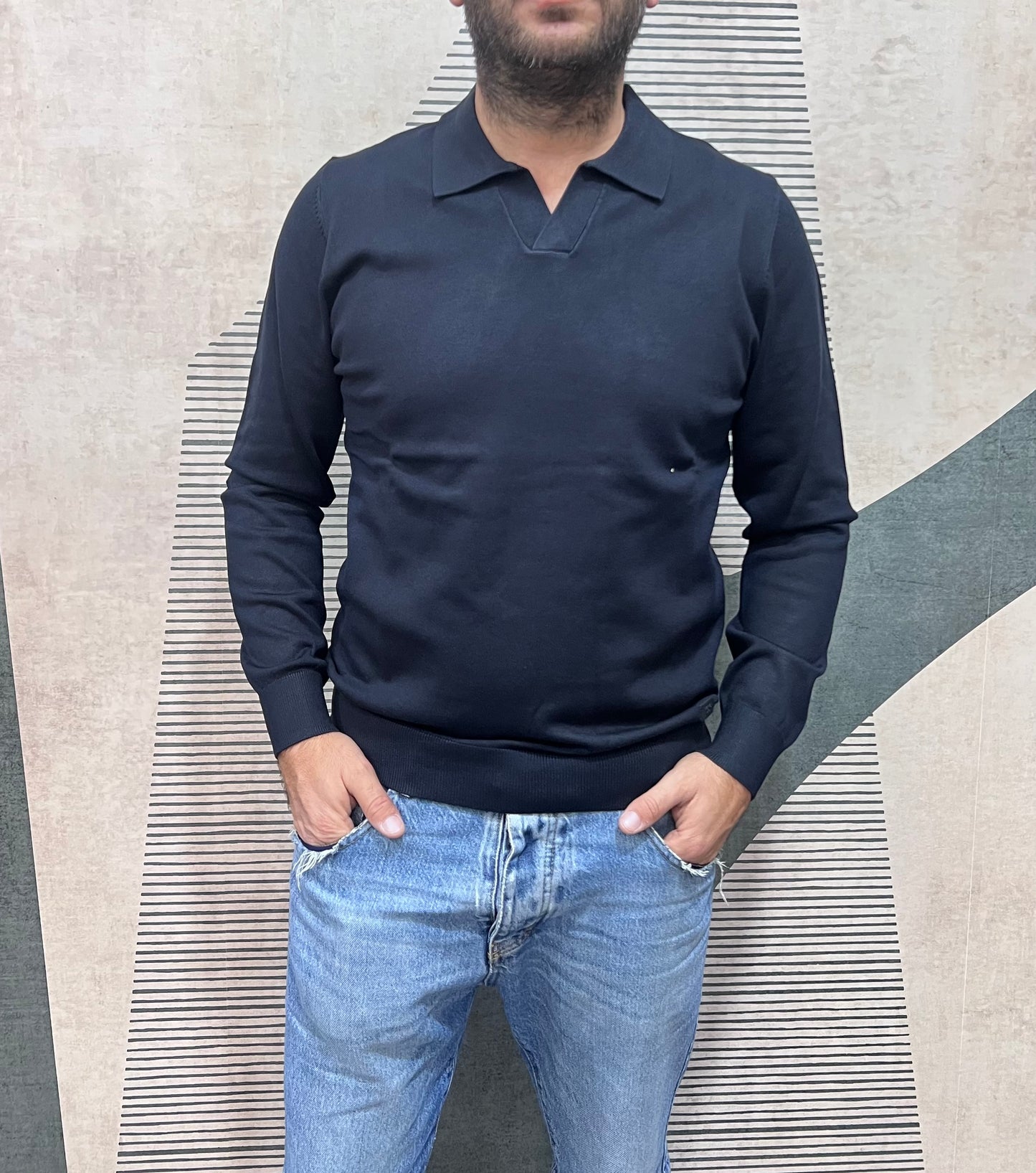 Polo Derby uomo blu manica lunga viscosa - vista frontale completa