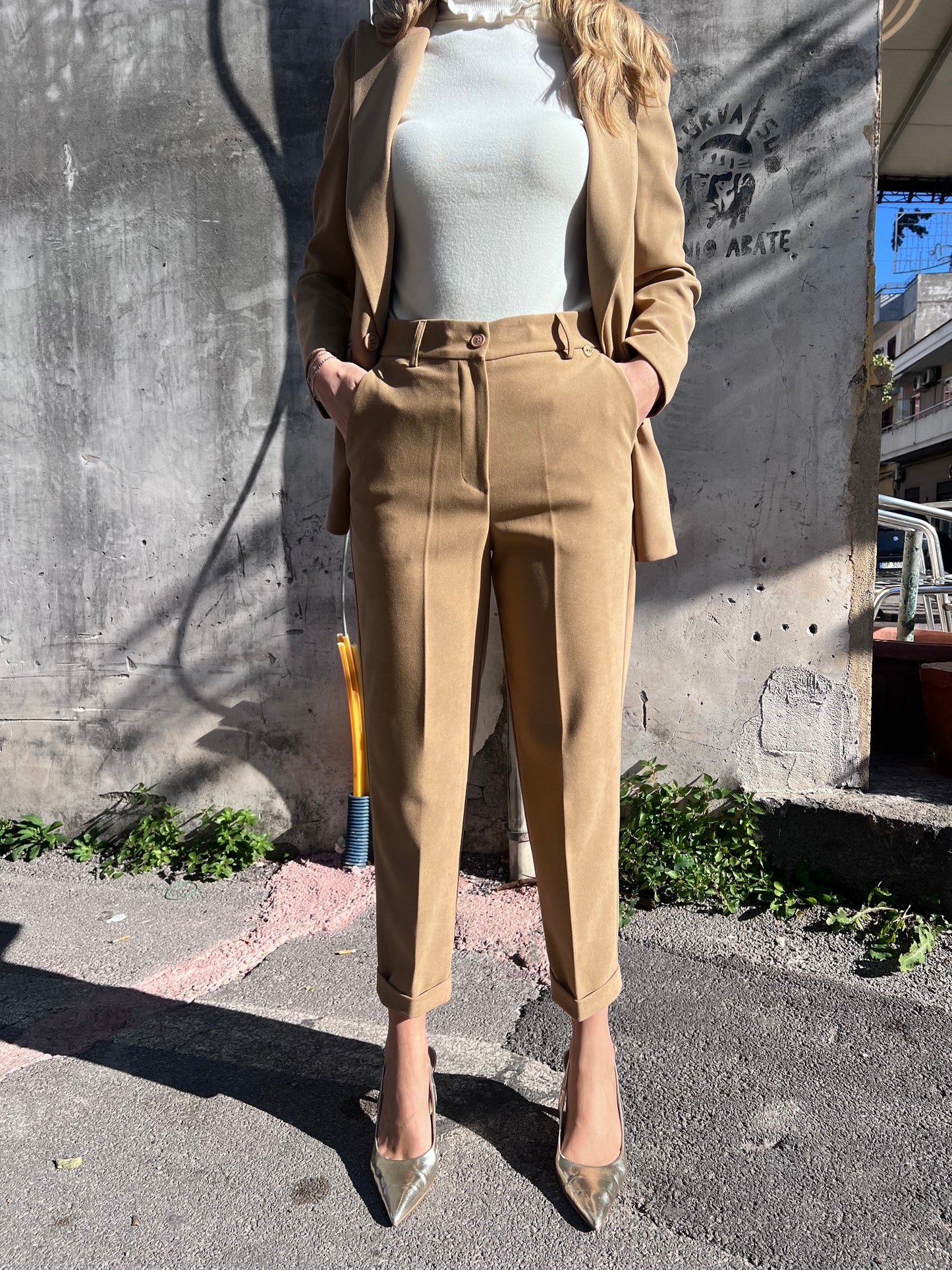 Pantalone donna invernale a sigaretta camel e verde alta vita Made in Italy - Erica Bellucci
