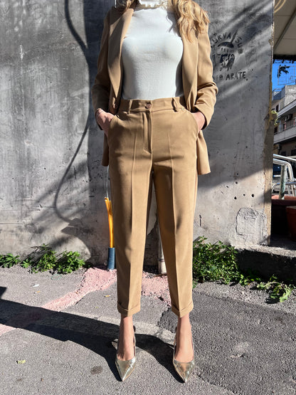 Pantalone donna invernale a sigaretta camel e verde alta vita Made in Italy - Erica Bellucci
