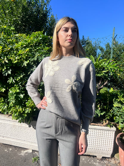 Maglione Donna Flower 5 Colori - Girocollo con Fiori Uncinetto Invernale