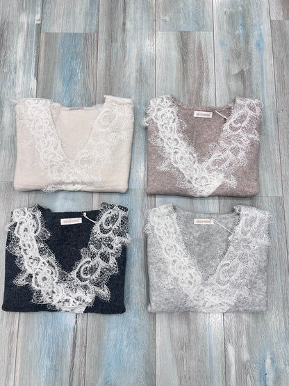 Maglione donna scollo a V con pizzo elegante - colori disponibili
