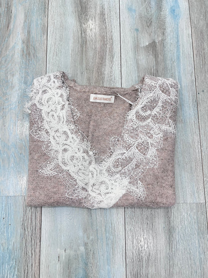 Maglione con pizzo donna elegante - vista laterale qualità premium - colore fango
