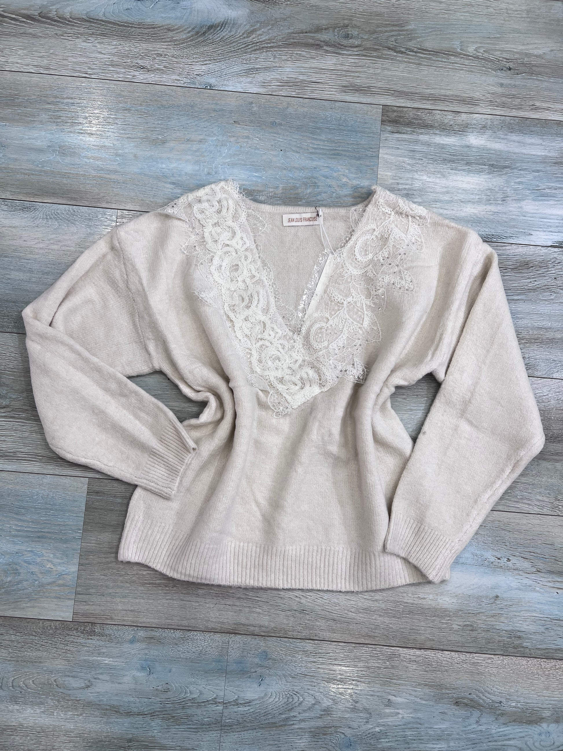 Maglione donna scollo a V con pizzo elegante - vista frontale
