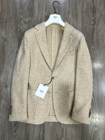 Giacca uomo in maglia beige con tasche a toppa - Made in Italy - Vista frontale
