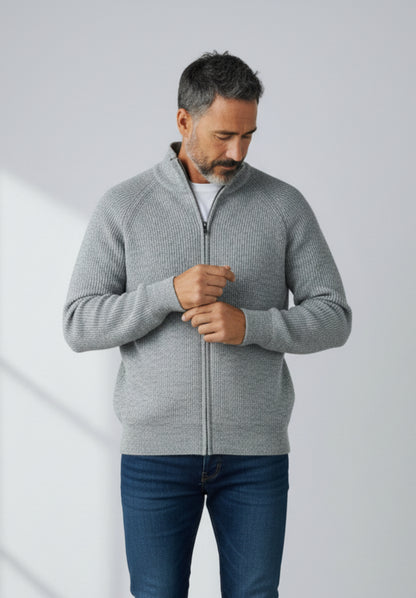 Cardigan uomo lana grigio con zip Made in Italy - vista frontale
