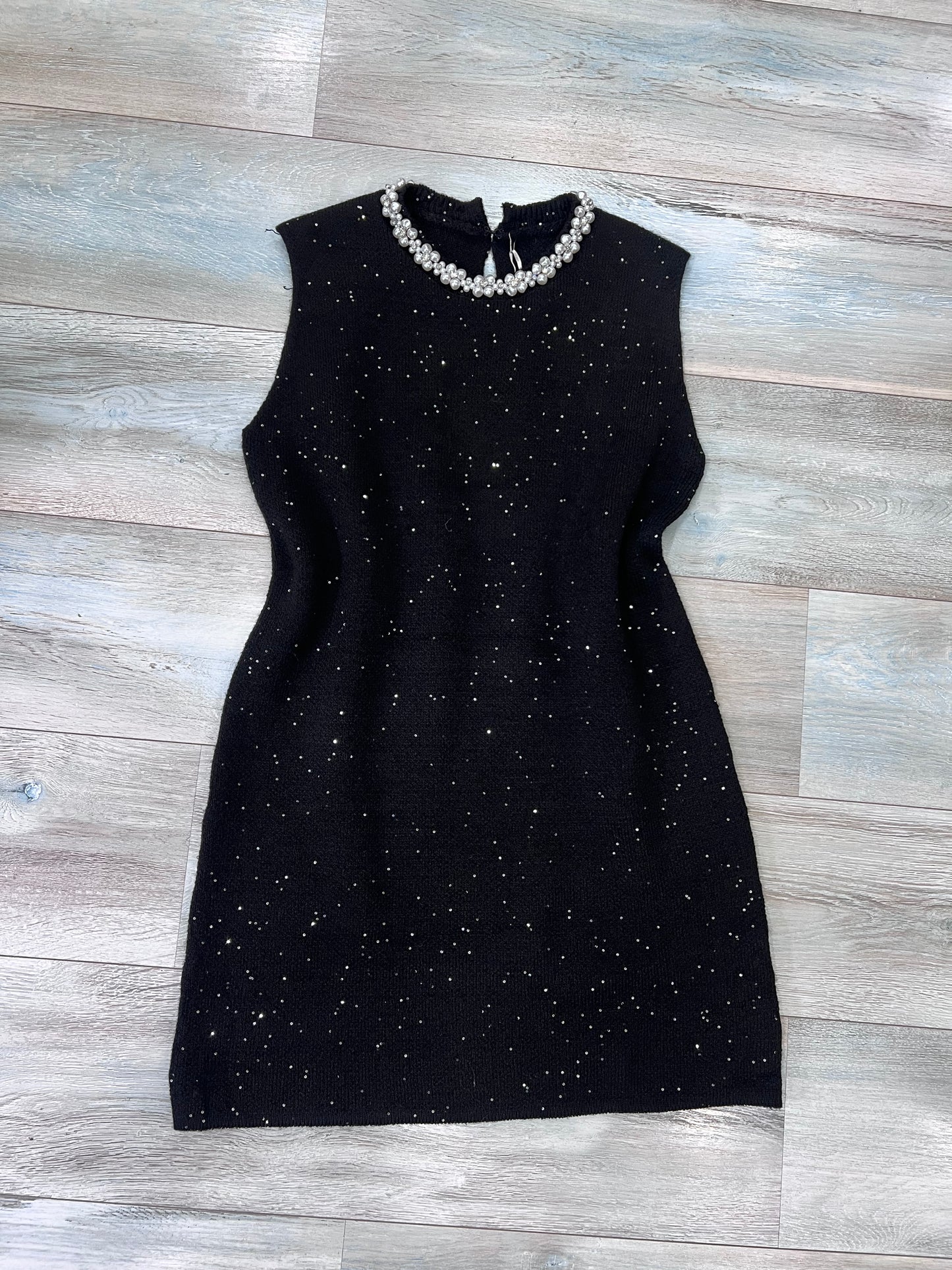 Abito donna elegante lana lurex nero con perle - vista frontale taglia unica
