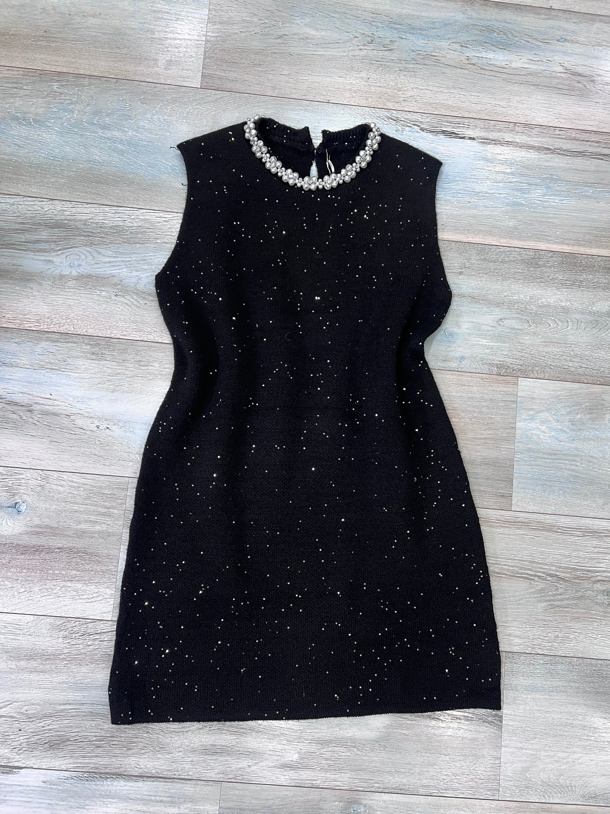 Abito donna elegante lana lurex nero con perle - vista frontale taglia unica
