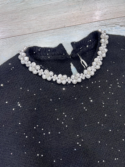 Dettaglio giro collo con perle abito donna lana lurex nero - Made in Italy
