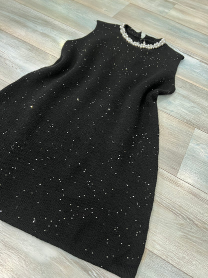 Abito donna lana lurex nero con perle - vista laterale vestibilità comoda
