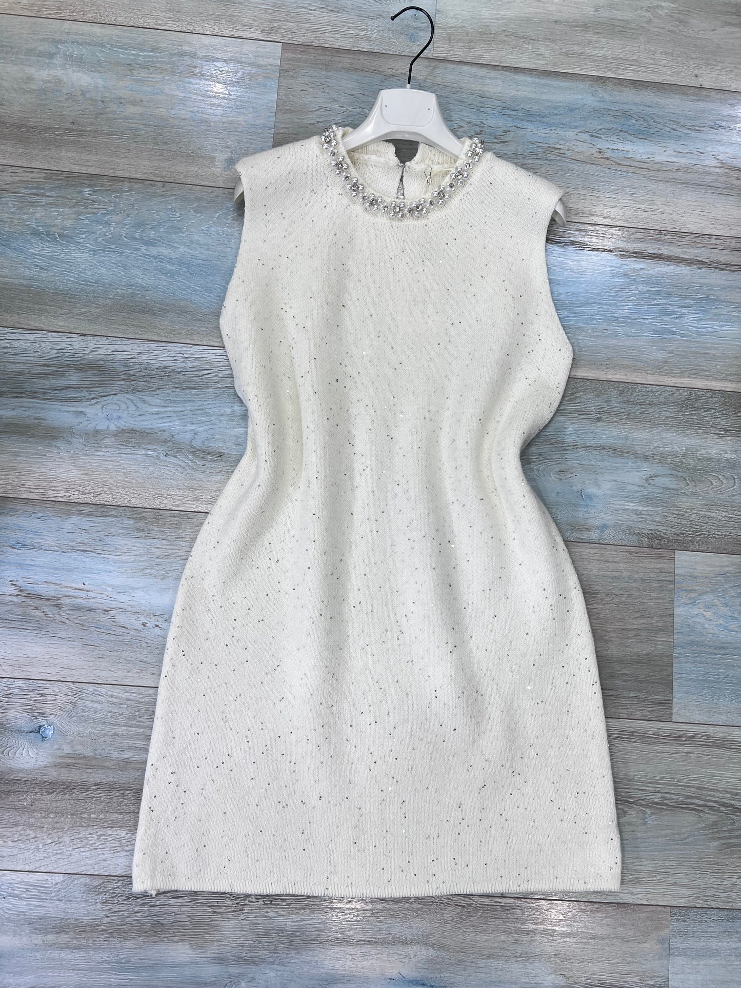 Abito donna elegante lana lurex bianco con perle - vista frontale
