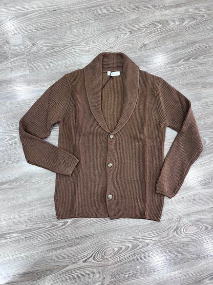 Cardigan uomo a coste brown in lana e cotone Made in Italy - vista frontale