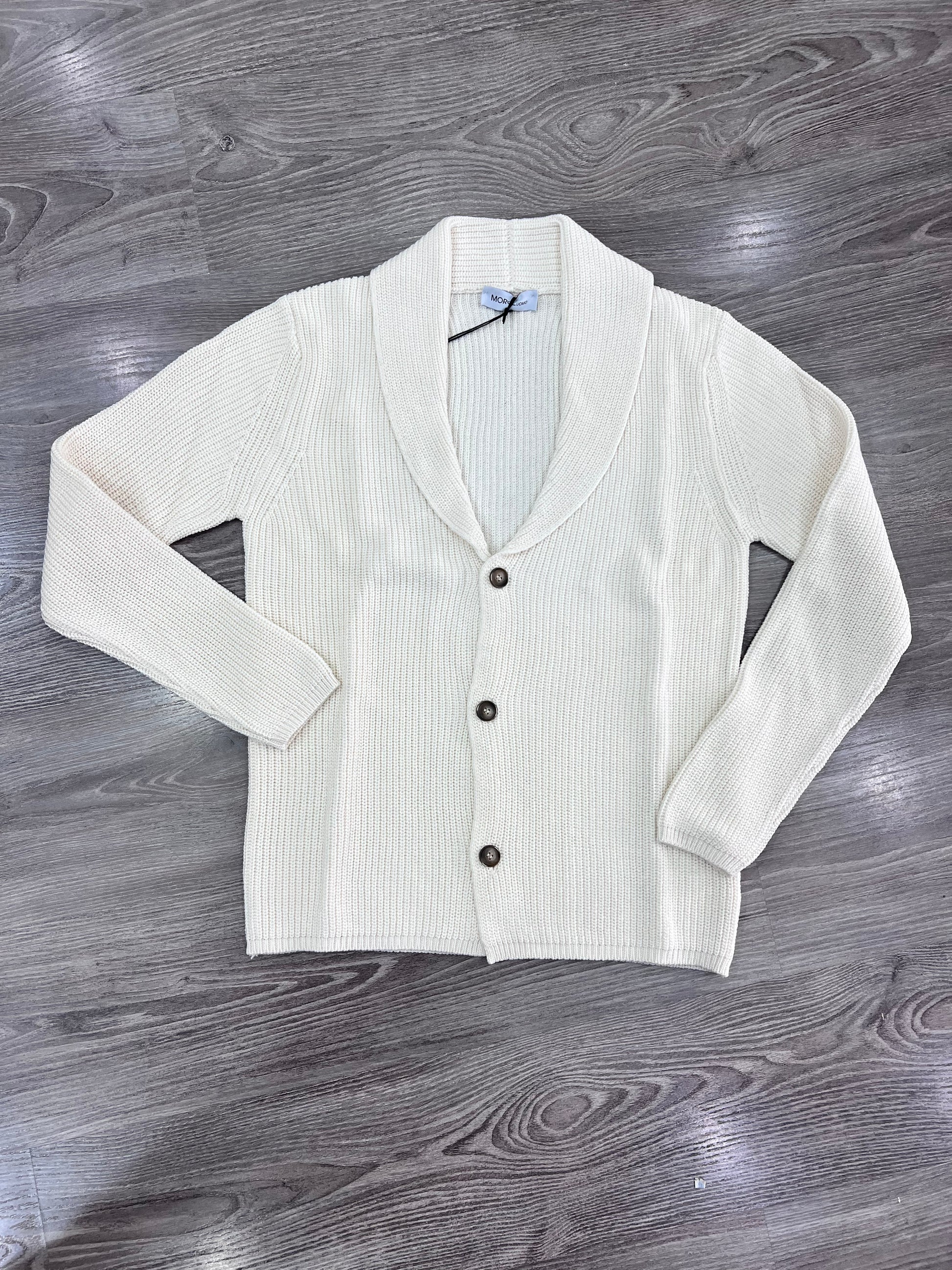 Cardigan uomo a coste panna in lana e cotone Made in Italy - vista frontale