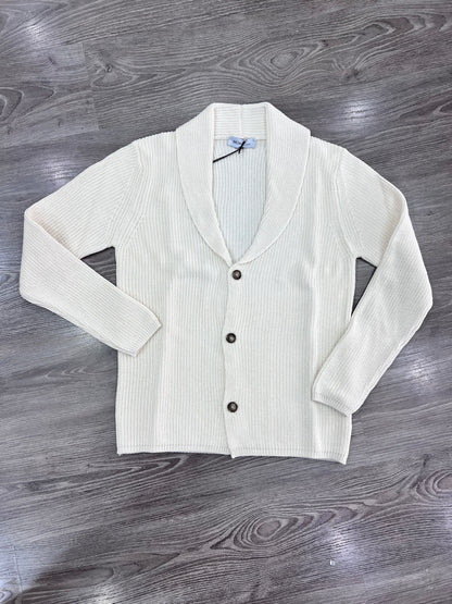 Cardigan uomo a coste panna in lana e cotone Made in Italy - vista frontale